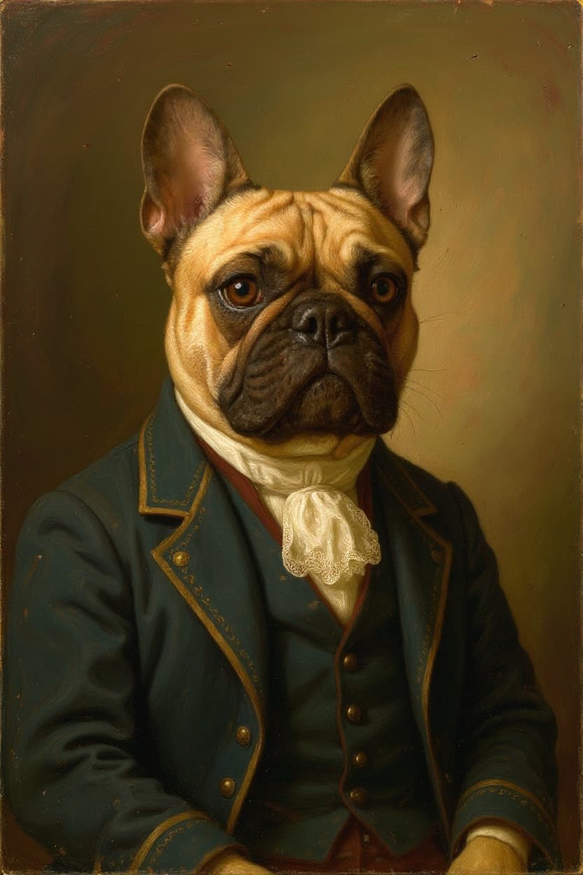 An atelier-style oil portrait of an English Bulldog, the heavy brow and loose jowls caught in soft directional studio light, the small dark eyes set deep beneath the brow