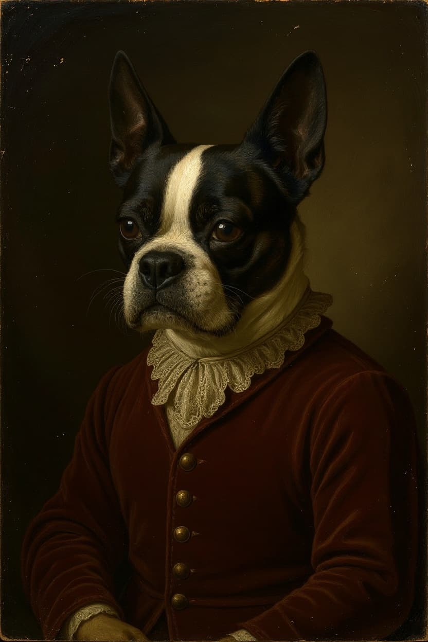 An atelier-style oil portrait of a French Bulldog, the brindle coat caught in warm directional studio light, the bat ears upright and the wide-set eyes catching the highlight