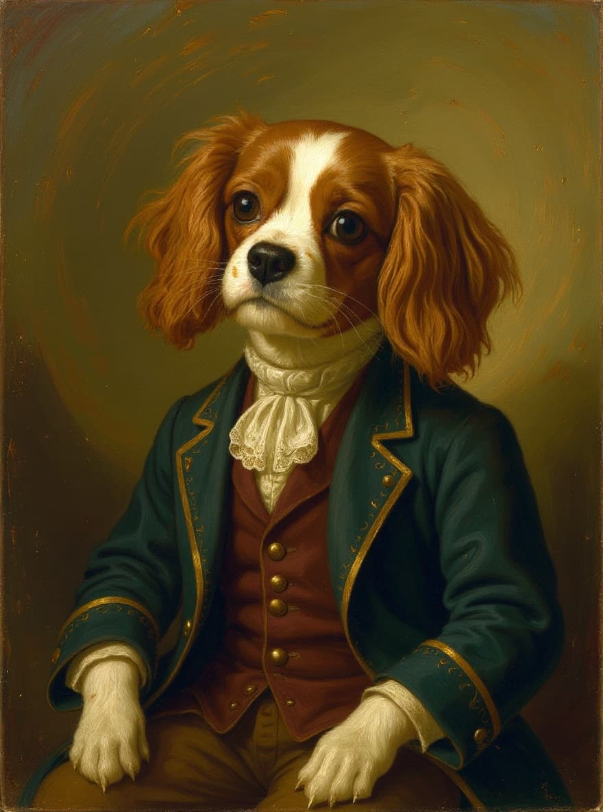 An atelier-style oil portrait of a Cavalier King Charles Spaniel, the silken ears catching warm directional studio light, the soft brown eyes set deep beneath the brow