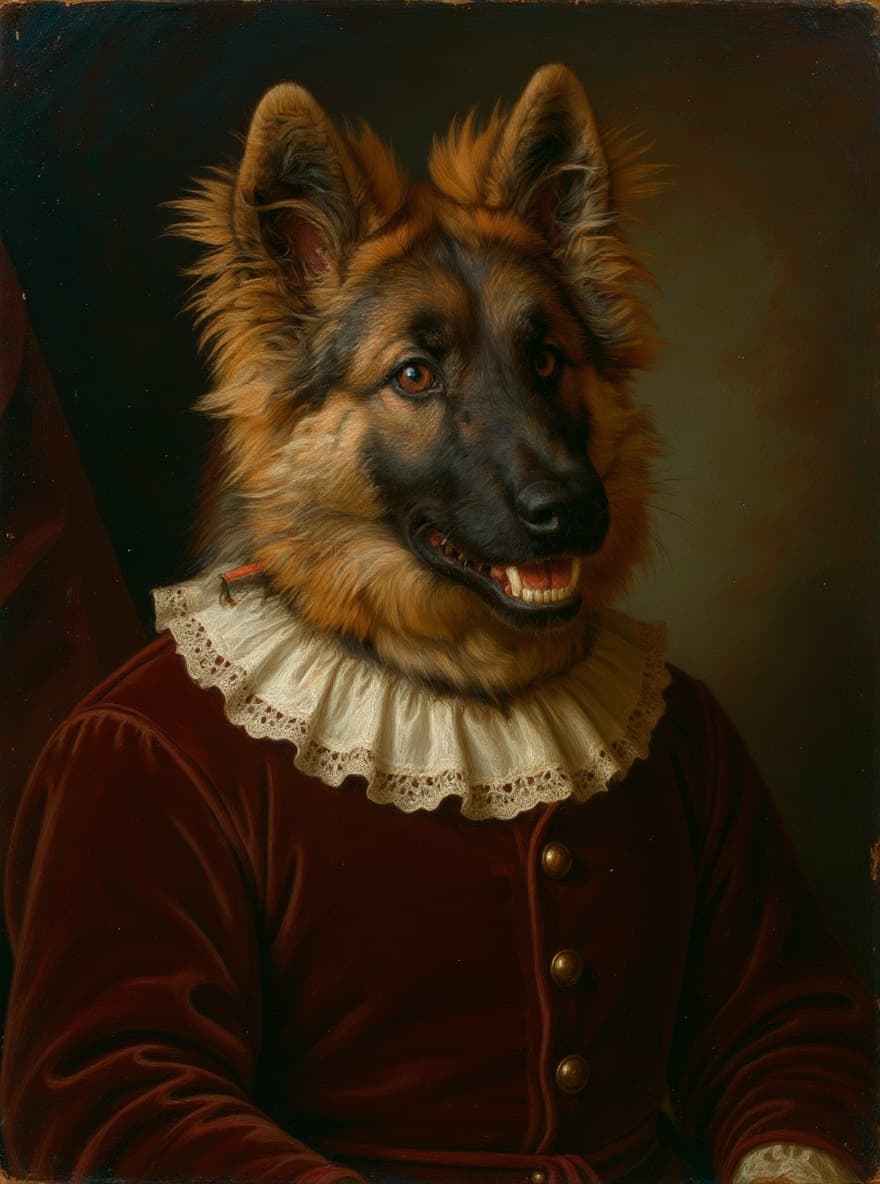 An atelier-style oil portrait of a German Shepherd, the saddle markings caught in warm directional studio light, the intelligent gaze rendered with restraint