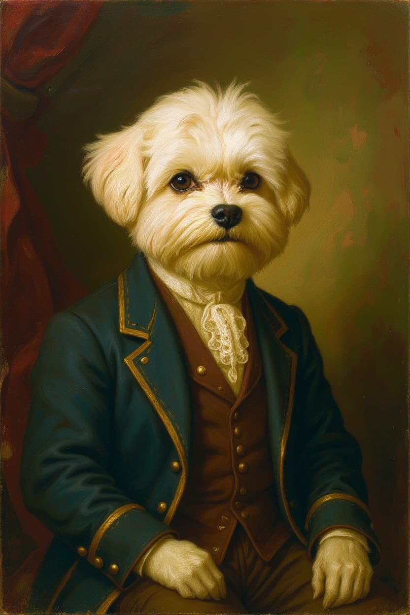 An atelier-style oil portrait of a Maltese, used as a visual reference for an editorial post comparing pet portrait services