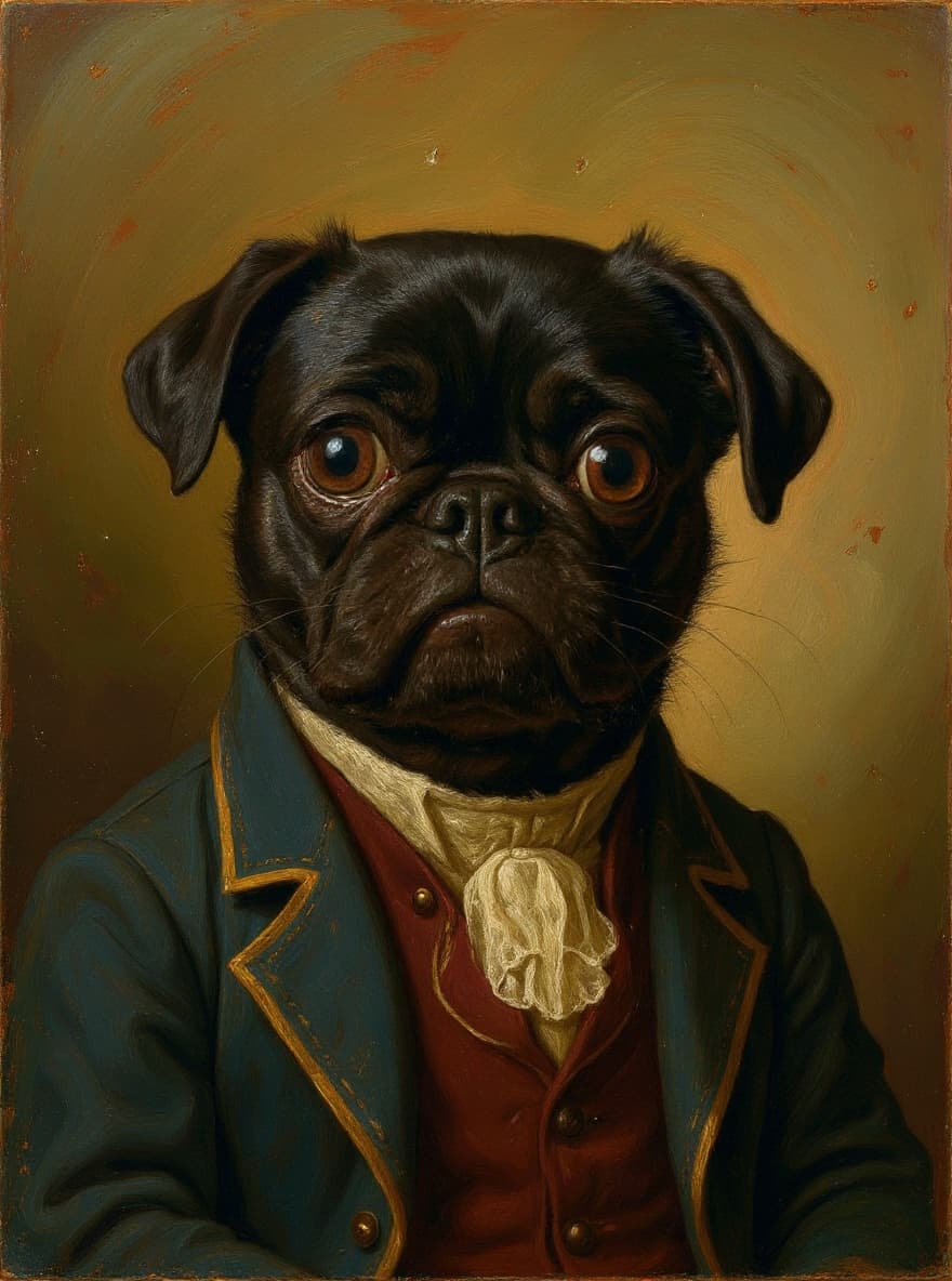 An atelier-style oil portrait of a Pug, the wrinkled brow and large expressive eye rendered in soft directional light, the compressed muzzle handled with painterly restraint