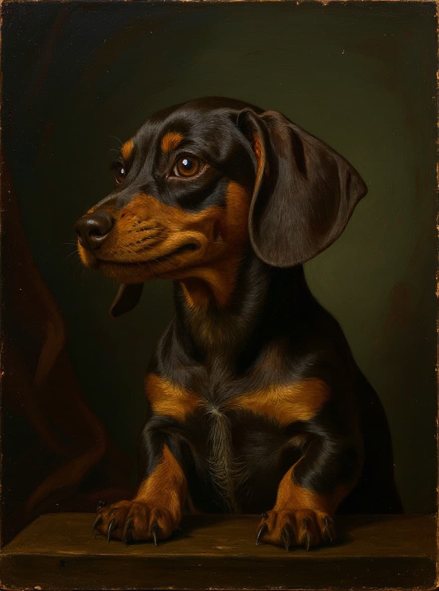 A classical oil-style portrait of a Dachshund, used as a visual reference for an editorial on timelines and lead times in the custom pet portrait market