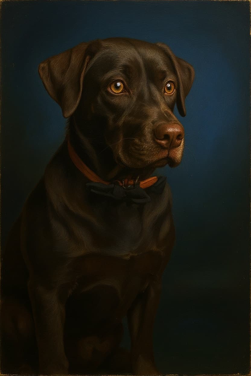 An oil-style portrait of a Labrador, used as a visual reference for an editorial post about photographing a dog for a custom portrait