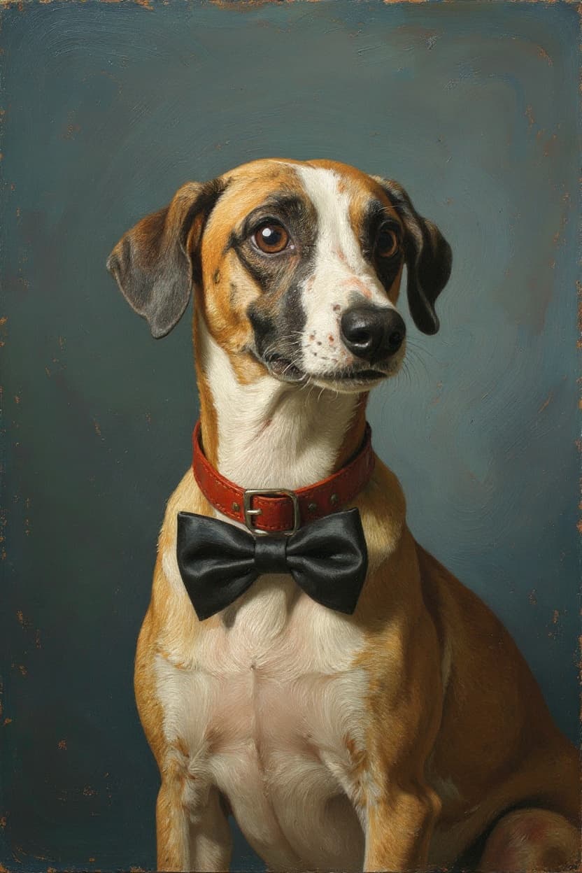 A classical oil-style portrait of a Whippet, used as a visual reference for an editorial comparing affordable hand-painted pet portrait services