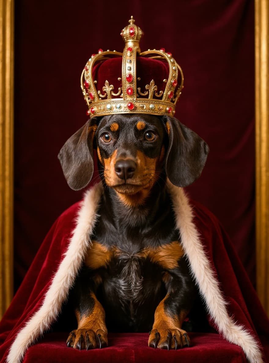 A regal sovereign-style portrait of a Dachshund, the elongated silhouette and watchful eye rendered in warm formal light
