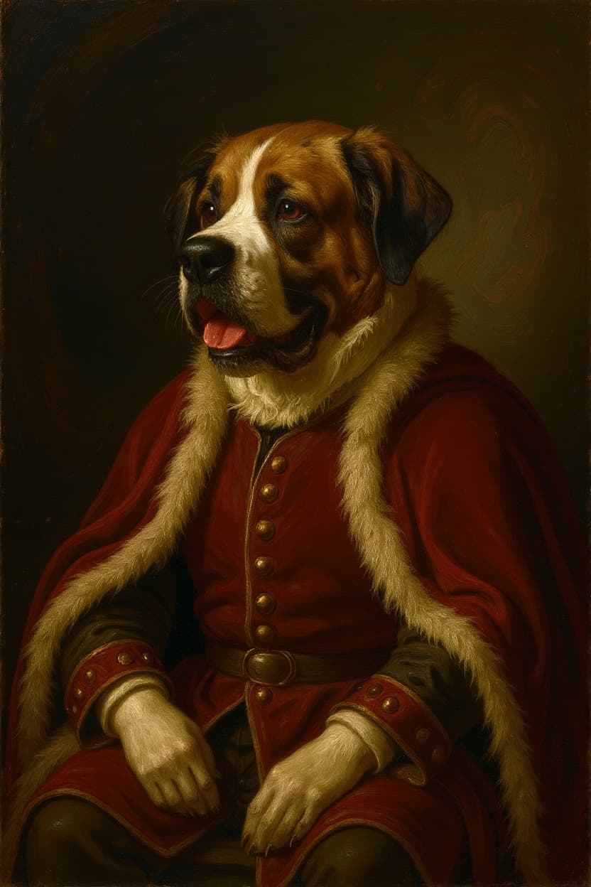 A regal sovereign-style portrait of a Saint Bernard, used as a visual reference for an editorial comparing pet portrait services with hand-painted oil offerings